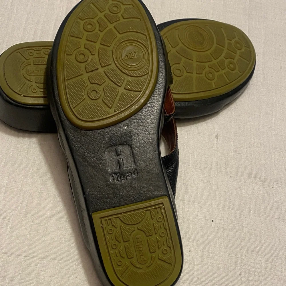 AJYAD  Black Leather Men's Slide Sandals with Tan Footbed and Gold Accents